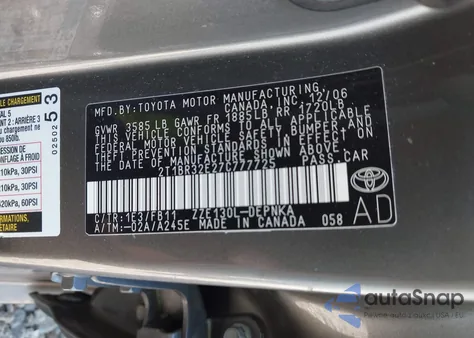 2007 Toyota Corolla Le из США, поврежденный, VIN 2T1BR32E27C777725